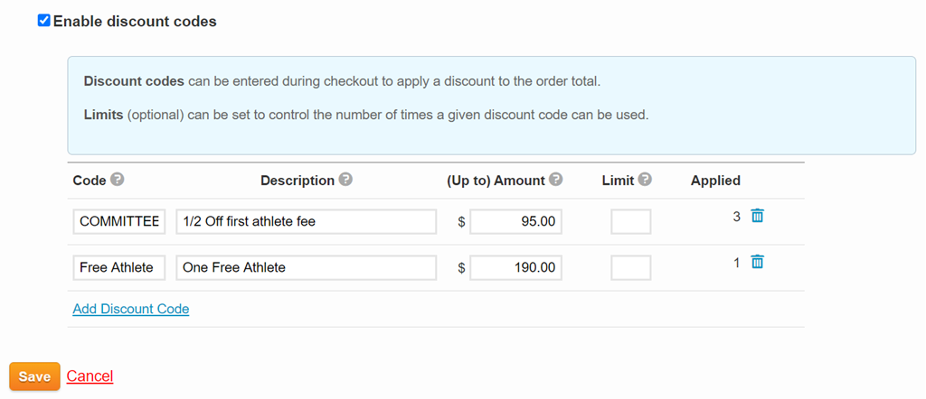 Create and use payment discount codes