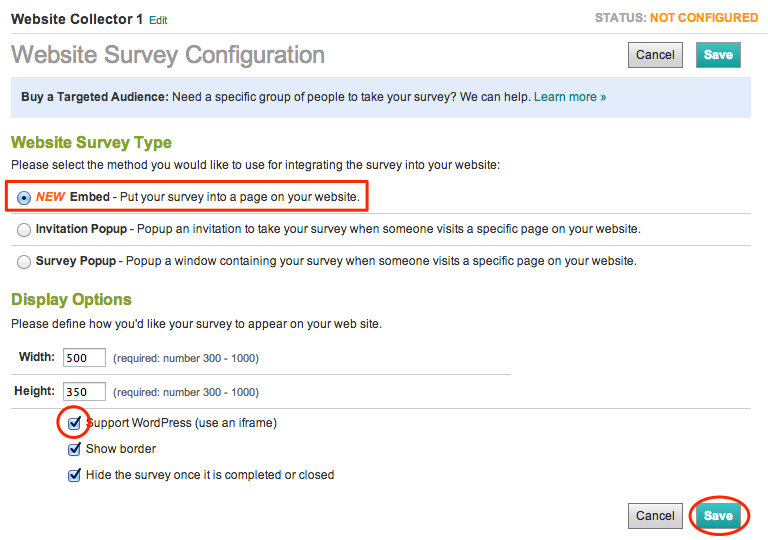 Survey Monkey Survey Widget Swimtopia Help Center - configure your widget by selecting embed under survey type and support wordpress under display options and then click save